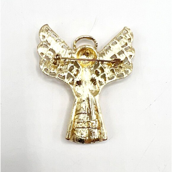 Monet Gold Tone Enameled Angel Brooch Pin  Rhinestones Wings Holiday 2.25" - Picture 3 of 5